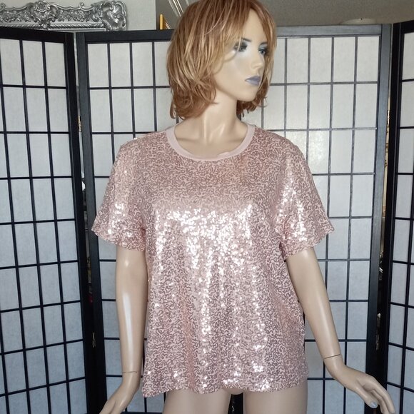 NWOT DKNY Rose Gold Sequin Short Sleeve Top Size XL Glamorous & Stretchy - Picture 1 of 7